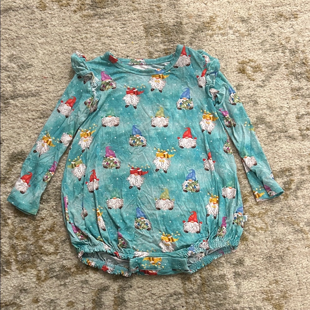 Posh Peanut Bamboo Long Sleeve Ruffled Bubble Romper with Festive Gnome Print